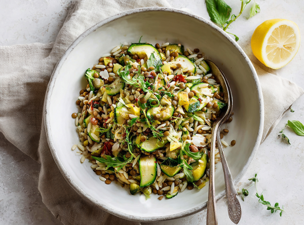 Green Goddess Orzo Salade met Linzen en Courgette - recept van The Spice Club