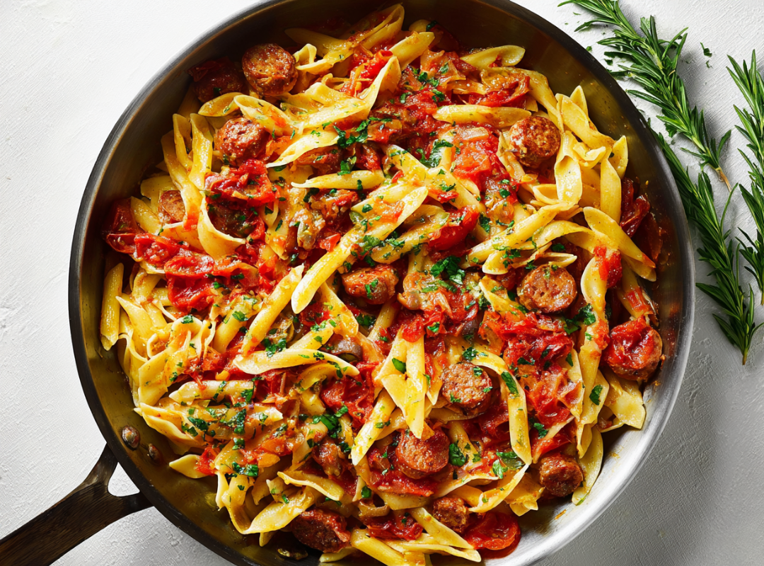 Pasta schotel met worstjes, tomaten & olijven - recept van The Spice Club