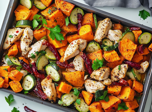 Traybake met kip, zoete aardappel & courgette - recept van The Spice Club