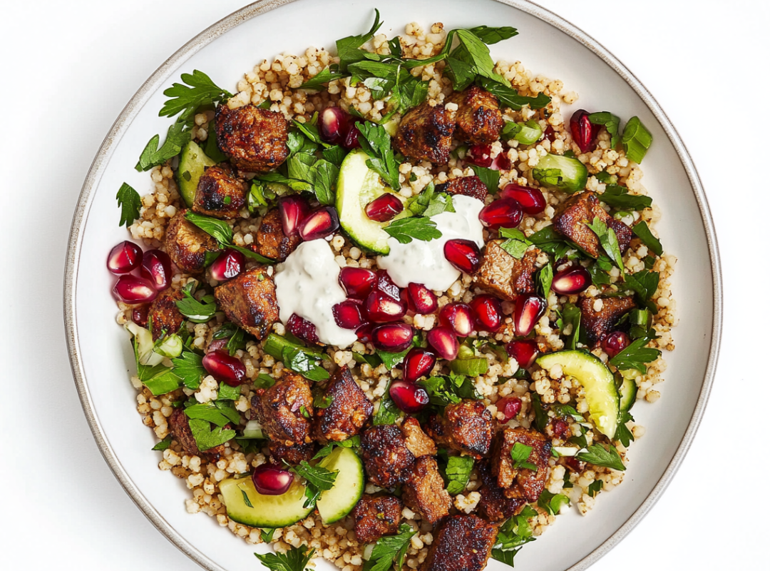 Parel Couscous met Merguez Worstjes & Granaatappel - recept van The Spice Club