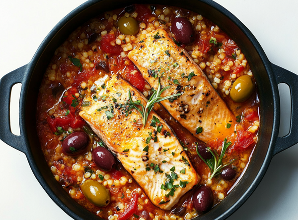 1-pans vis met olijven & couscous - recept van The Spice Club