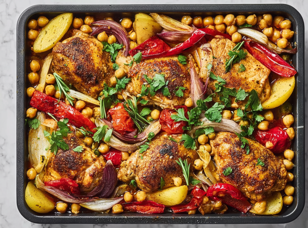 Midden oosterse bakplaat met kip & kikkererwten - recept van The Spice Club