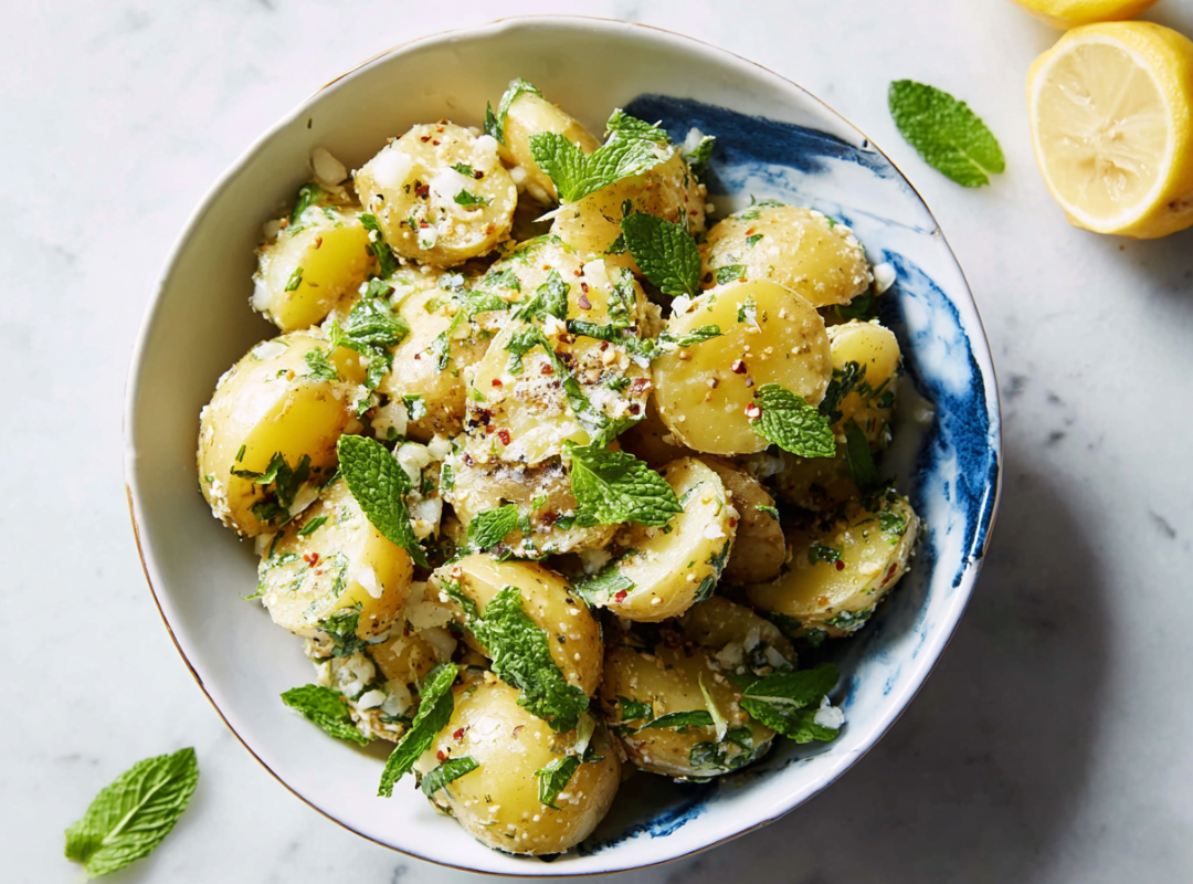 Aardappelsalade met Citroen, Munt en Everything Bagel Topping