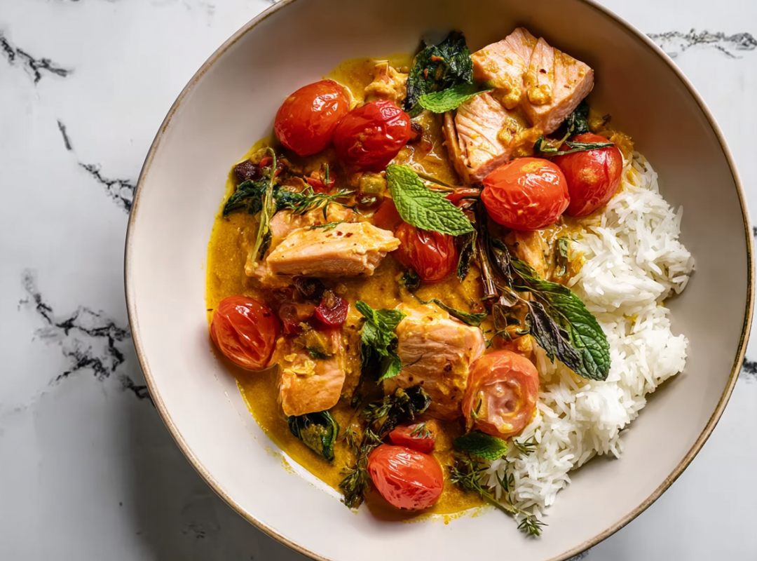 Romige Zalm Curry met Cherry Tomaatjes - recept van The Spice Club