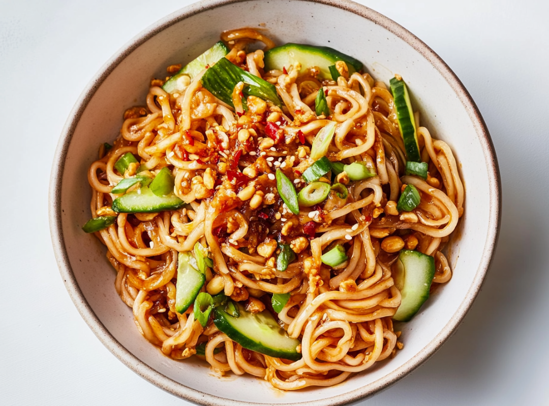 Vega Peanut Chili Crisp Noodles met komkommer - recept van The Spice Club
