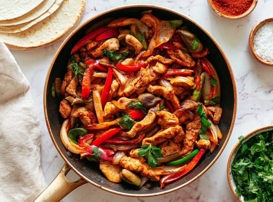 Kip fajita met paprika en ui in een pan, met tortilla's, salsa en koriander