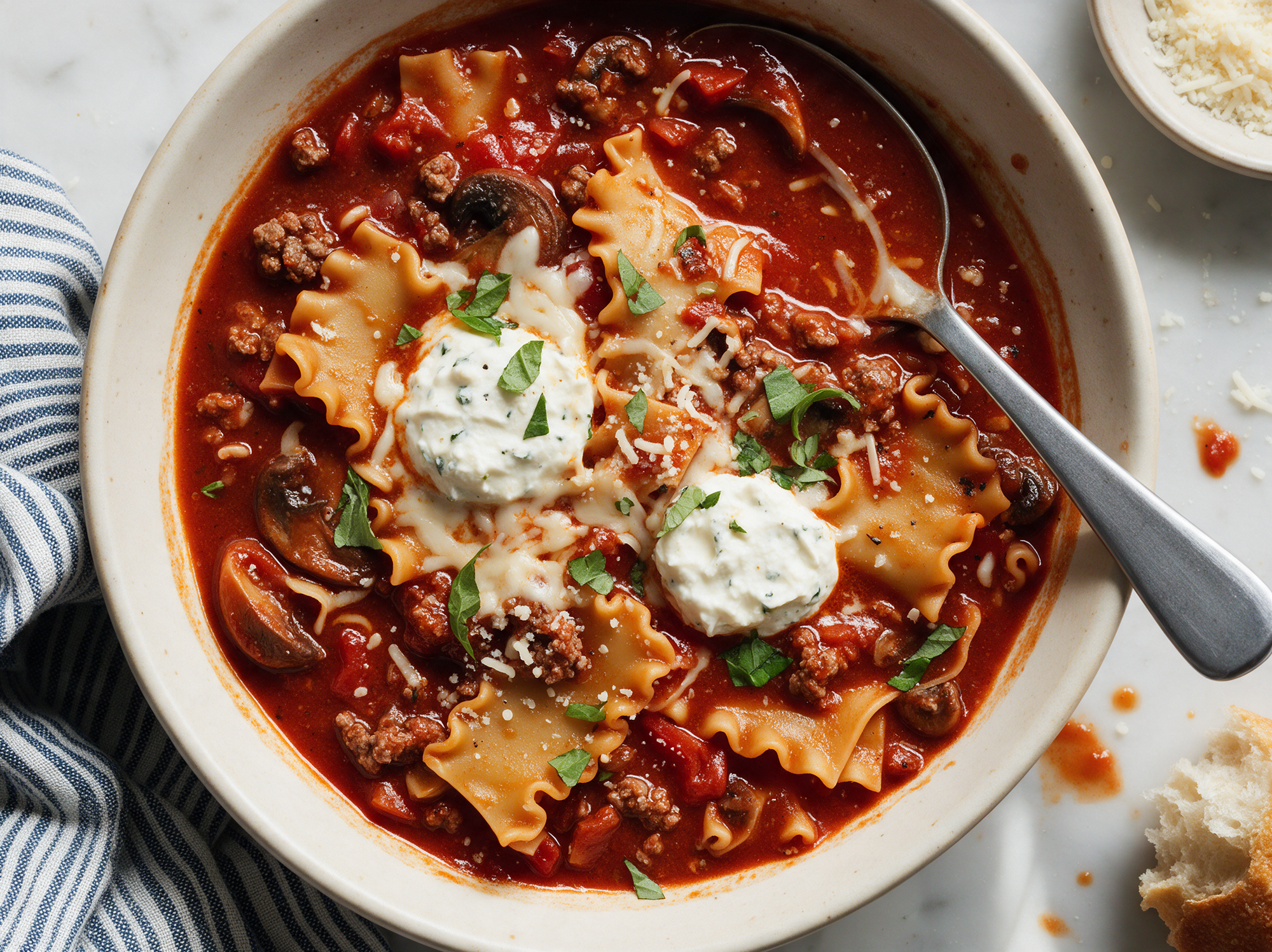 Lasagnesoep met gehakt en champignons
