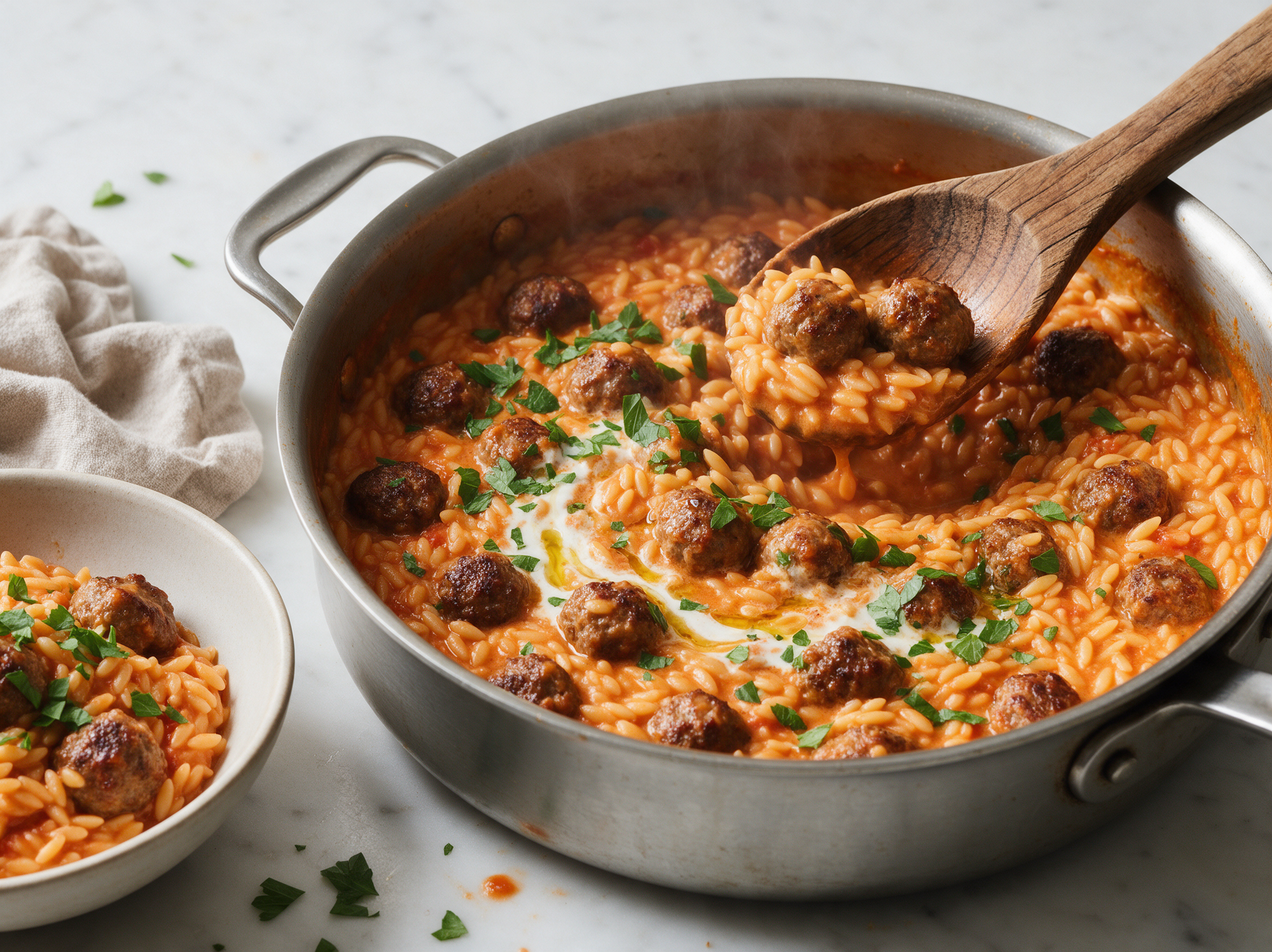 Orzo met Gehaktballetjes uit één Pan