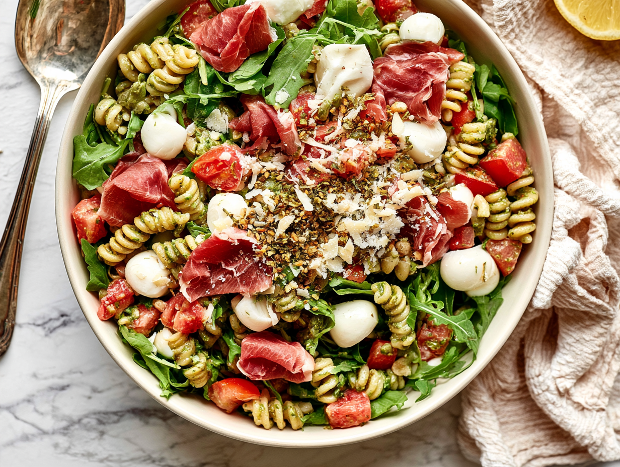 Pastasalade met carpaccio, mini mozzarella, rucola en tomaat, afgewerkt met Parmezaanse kaas en Salade Topping