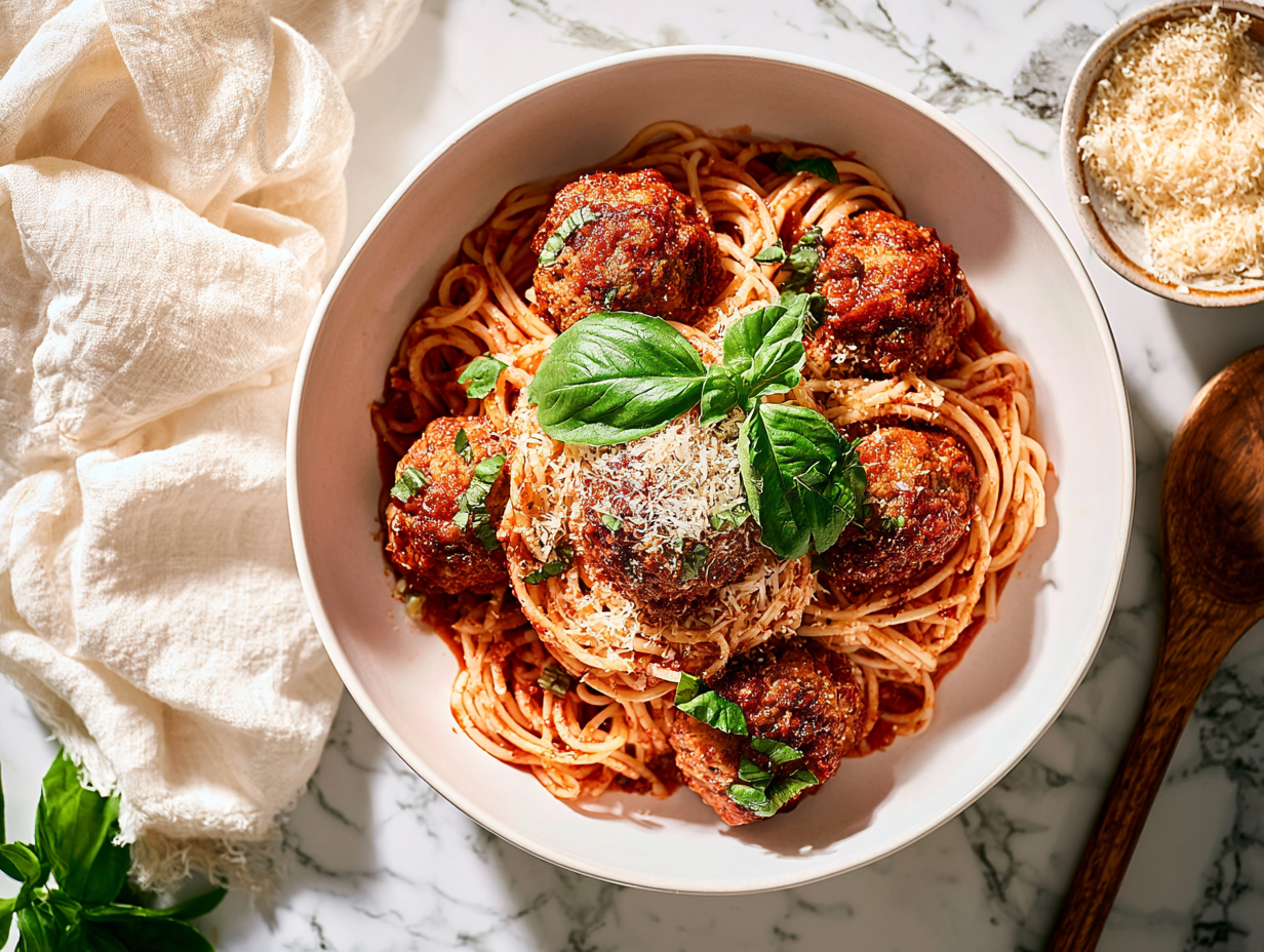 Spaghetti met gehaktballetjes in tomatensaus, afgewerkt met Parmezaanse kaas en verse basilicum