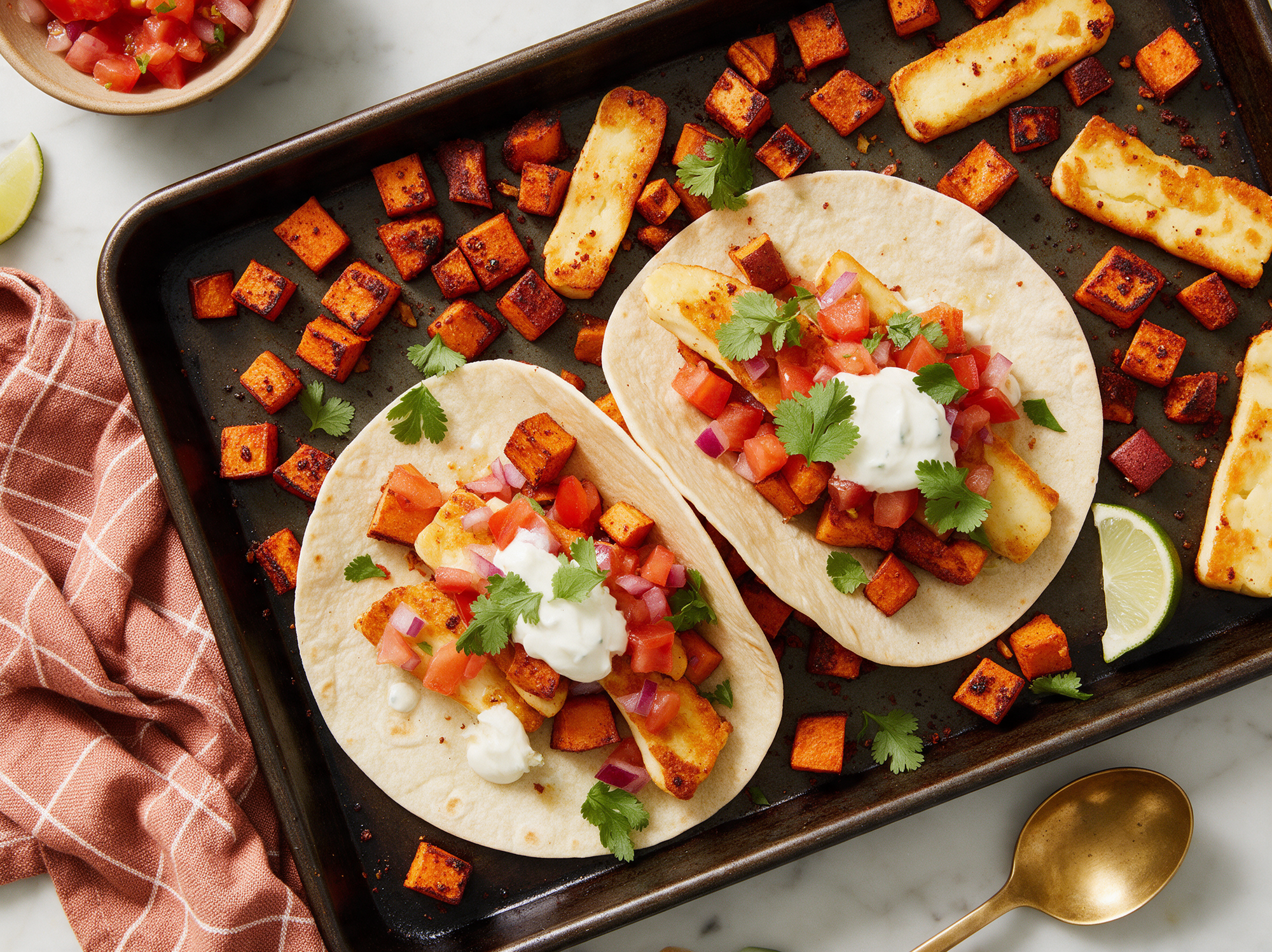 Taco's met Halloumi en Zoete Aardappel uit de Oven
