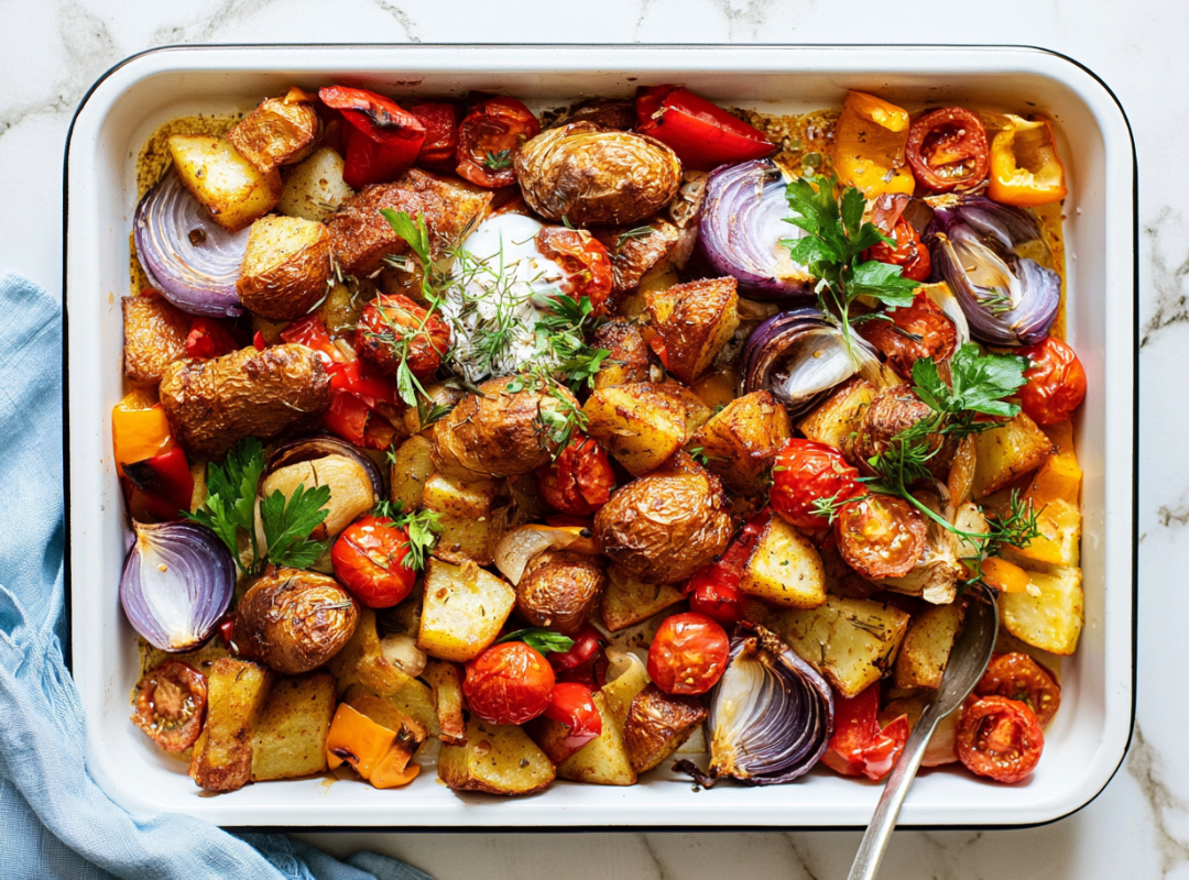 Traybake met geroosterde aardappel, paprika, rode ui en tomaatjes in een ovenschaal