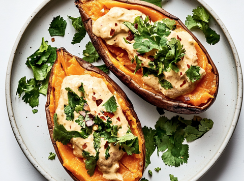 Loaded Sweet Potato with Pulled Chicken & Cashew Sauce