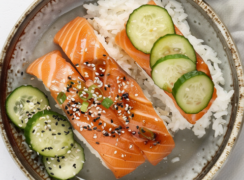 Chili salmon with cucumber salad