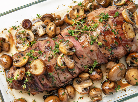 Pork tenderloin with mushrooms and sesame-koriander sauce
