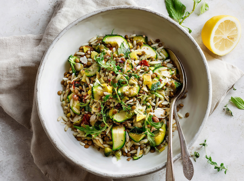 Green Goddess Orzo Salad with lentils and zucchini