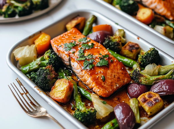 Zalm Miso style met geroosterde aubergine en bimi - recept van The Spice Club