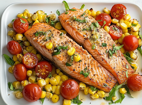 Ofen gebackener Lachs mit Mais und Tomaten