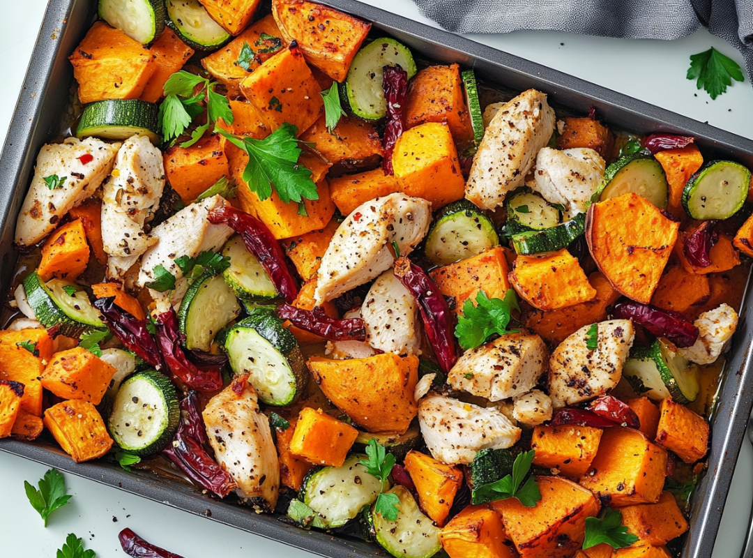Traybake met kip, zoete aardappel & courgette