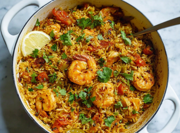 1-pans Shrimp Mumbai Curry met Rijst - recept van The Spice Club
