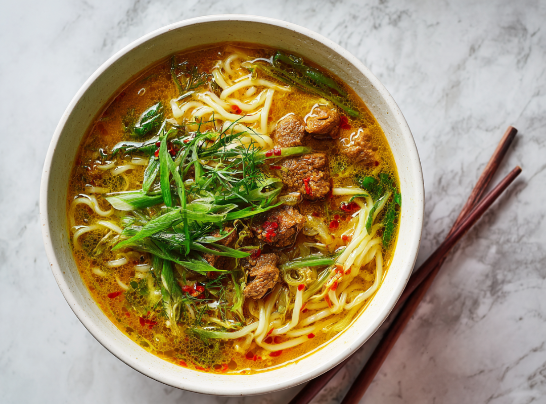 Snelle Noodle Soep met Gehakt en Groenten