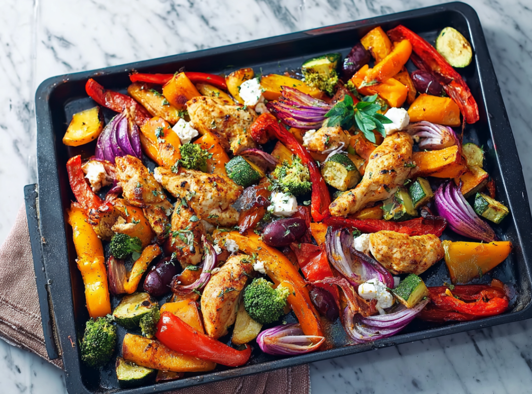 Traybake met kip, zoete aardappel en Ovengebakken Groenten Mix