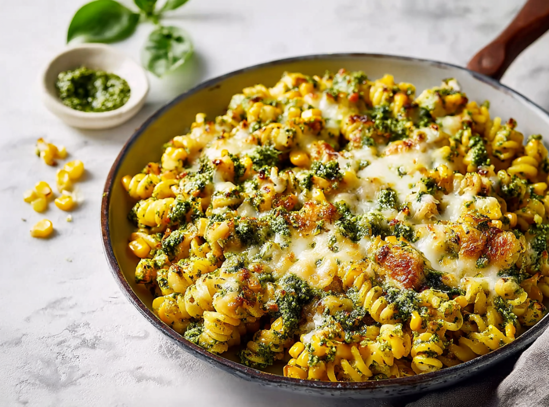 Käsige Pesto-Nudeln mit Mais aus dem Ofen