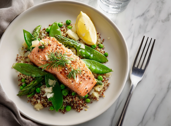 Green Goddess Zalm Bowl met Quinio en Sugarsnaps - recept van The Spice Club