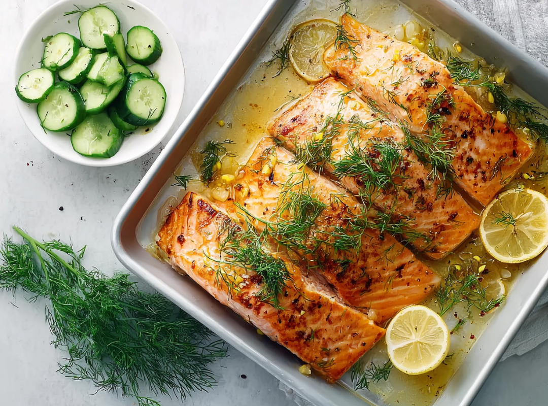 Lachs mit Honig und Zitrone, Dill und Gurke