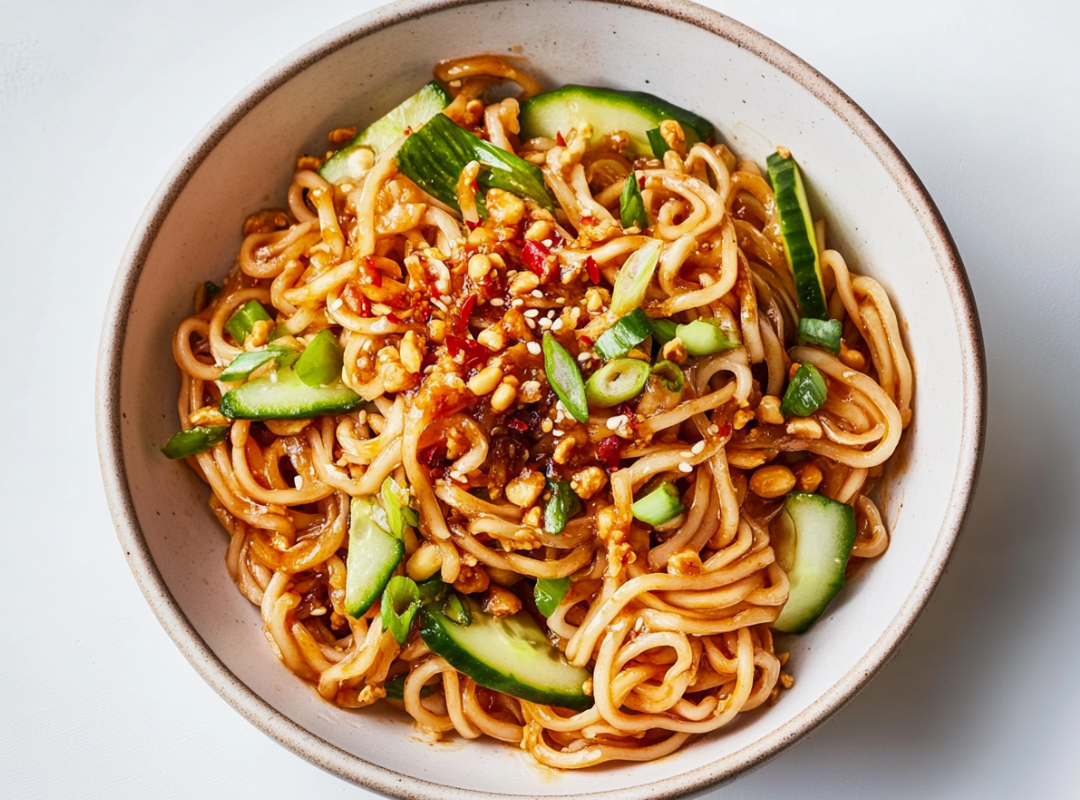 Vega Peanut Chili Crisp Noodles met komkommer