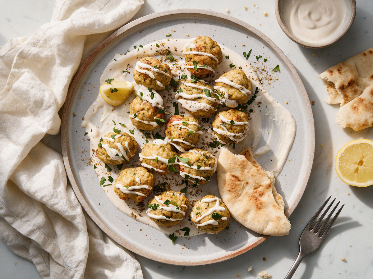 Kipgehaktballetjes uit de oven met tahin-yoghurt