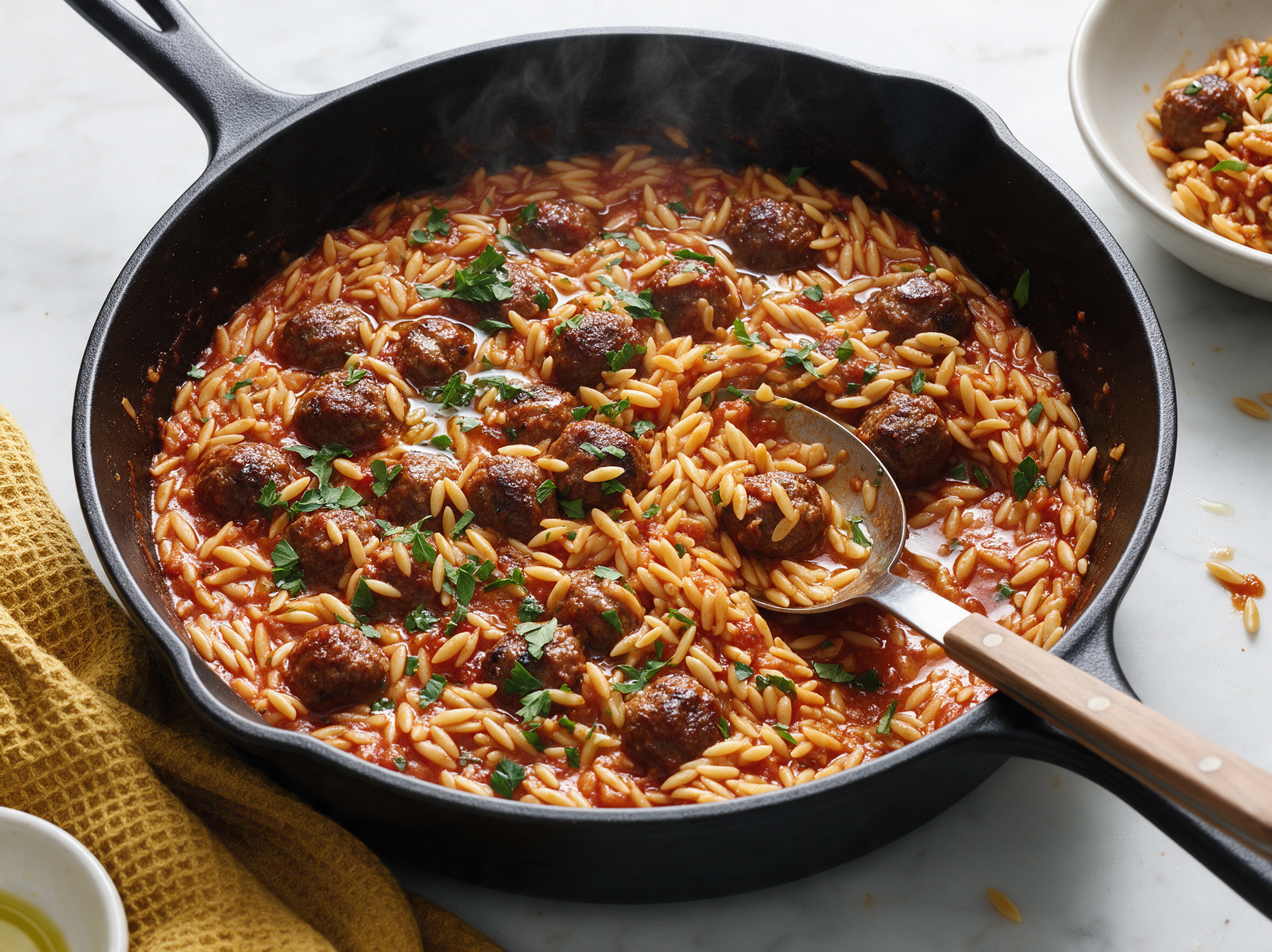 Orzo met Gehaktballetjes uit één Pan