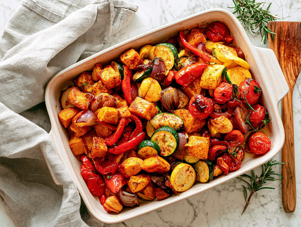 Ovengeroosterde groenten met zoete aardappel, paprika, courgette, rode ui en cherrytomaten in een ovenschaal