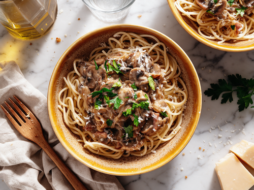 Romige pasta met spekjes en champignons