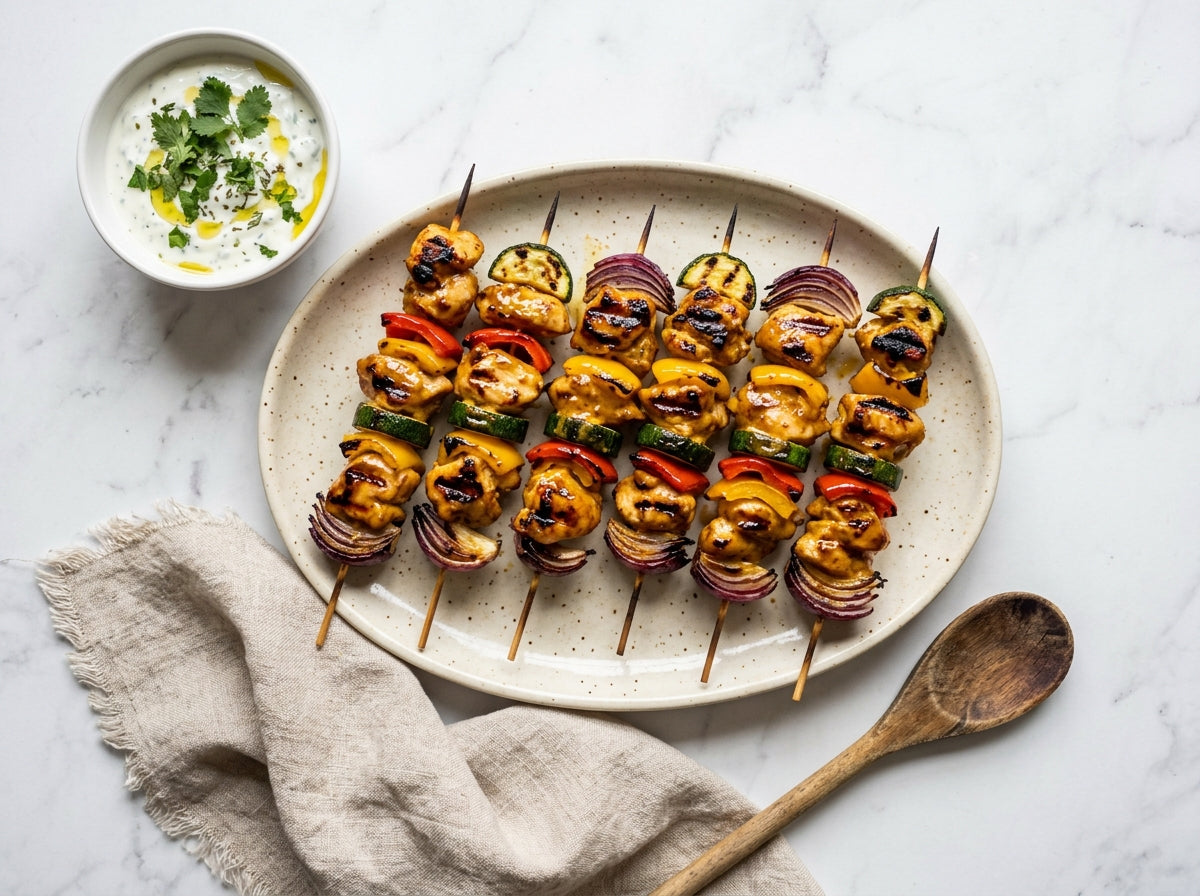 BBQ Kipspiesjes met Kip Saté Marinade en Yoghurtsaus