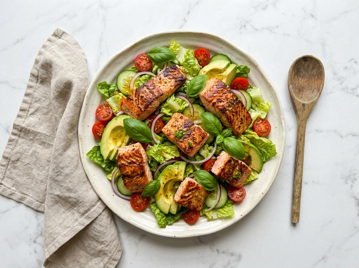 Frisse Salade met Gebakken Zalm en Avocado