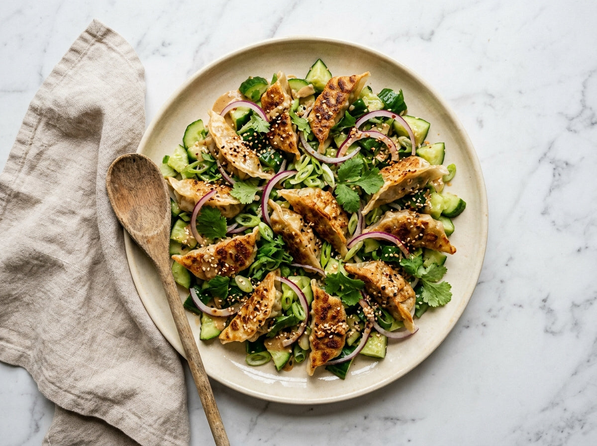 Gyoza Salade met Smashed Komkommer en Sesam-Sojadressing