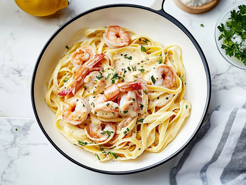 Pasta with scampi in white wine sauce.