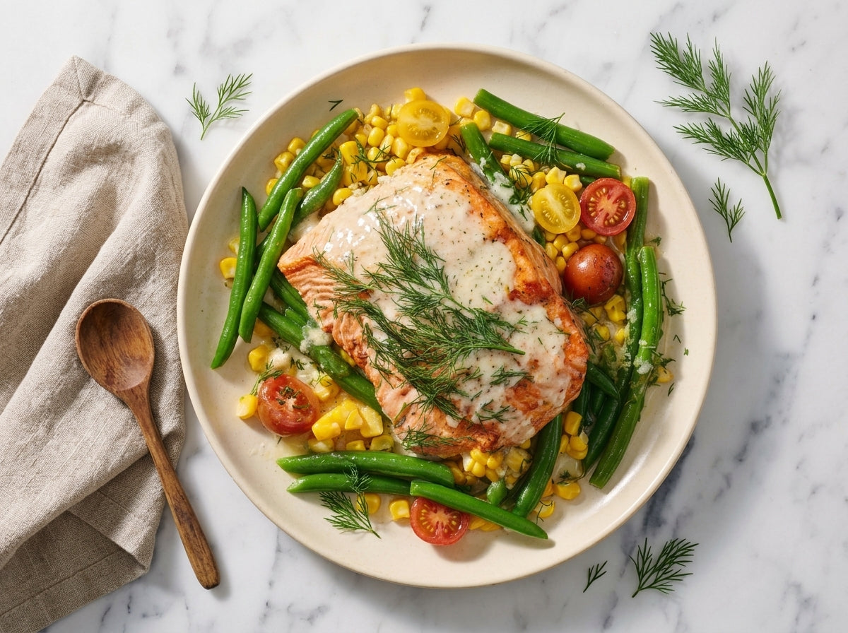 Zalm uit de oven met kokossaus, sperziebonen
