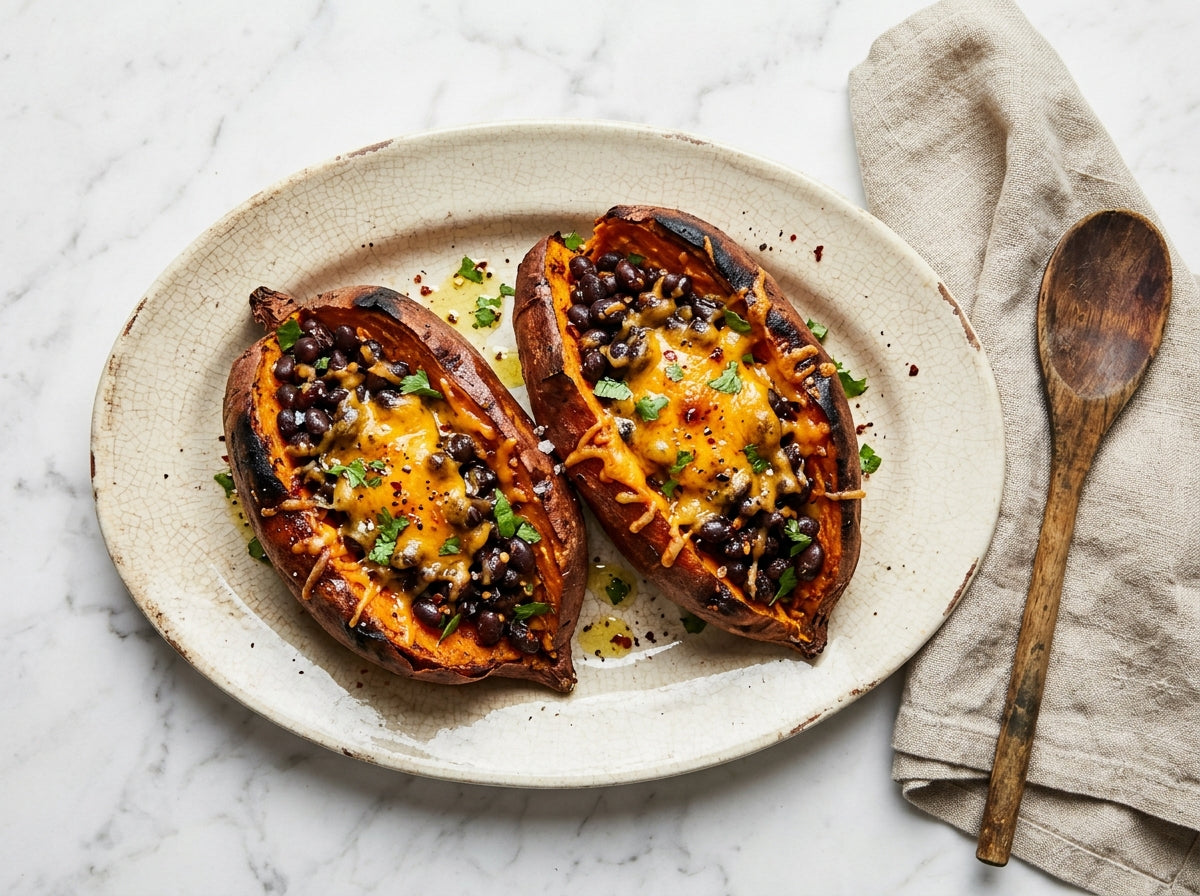 Gevulde zoete aardappel met zwarte bonen en cheddar