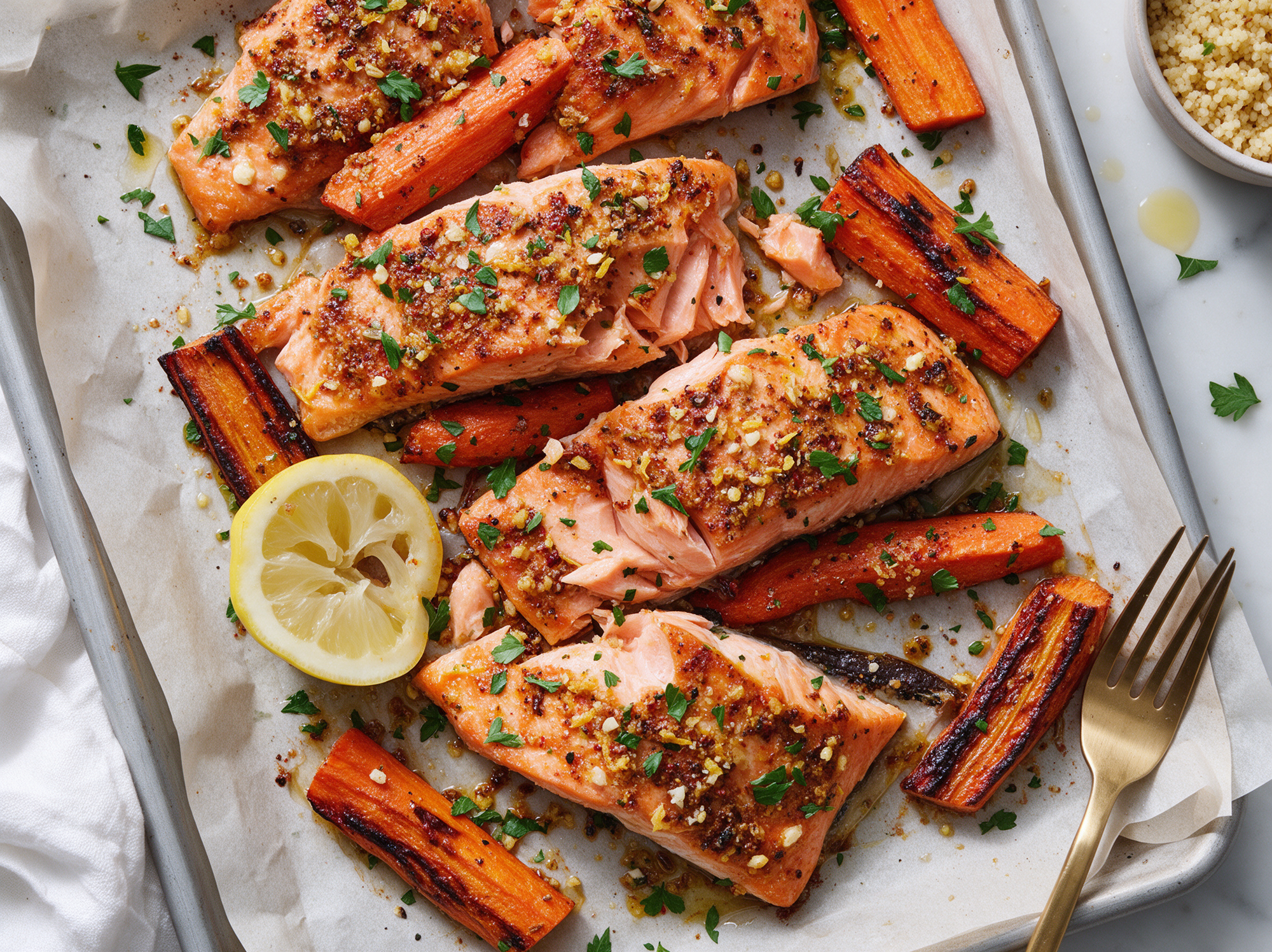 Zalm met Kruidenkorst en Geroosterde Wortel uit de Oven