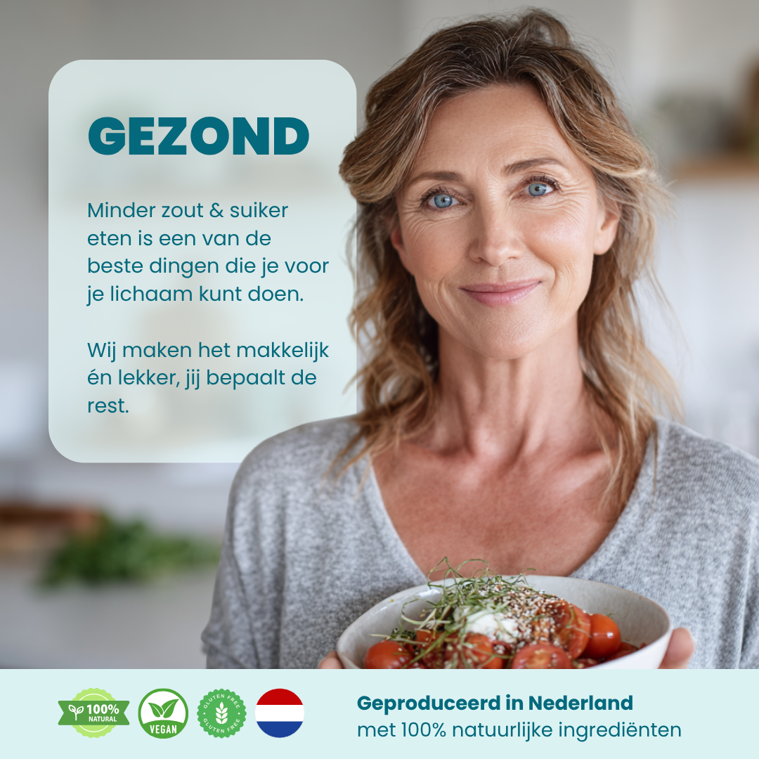 Vrouw met een bord gezond eten, geproduceerd in Nederland